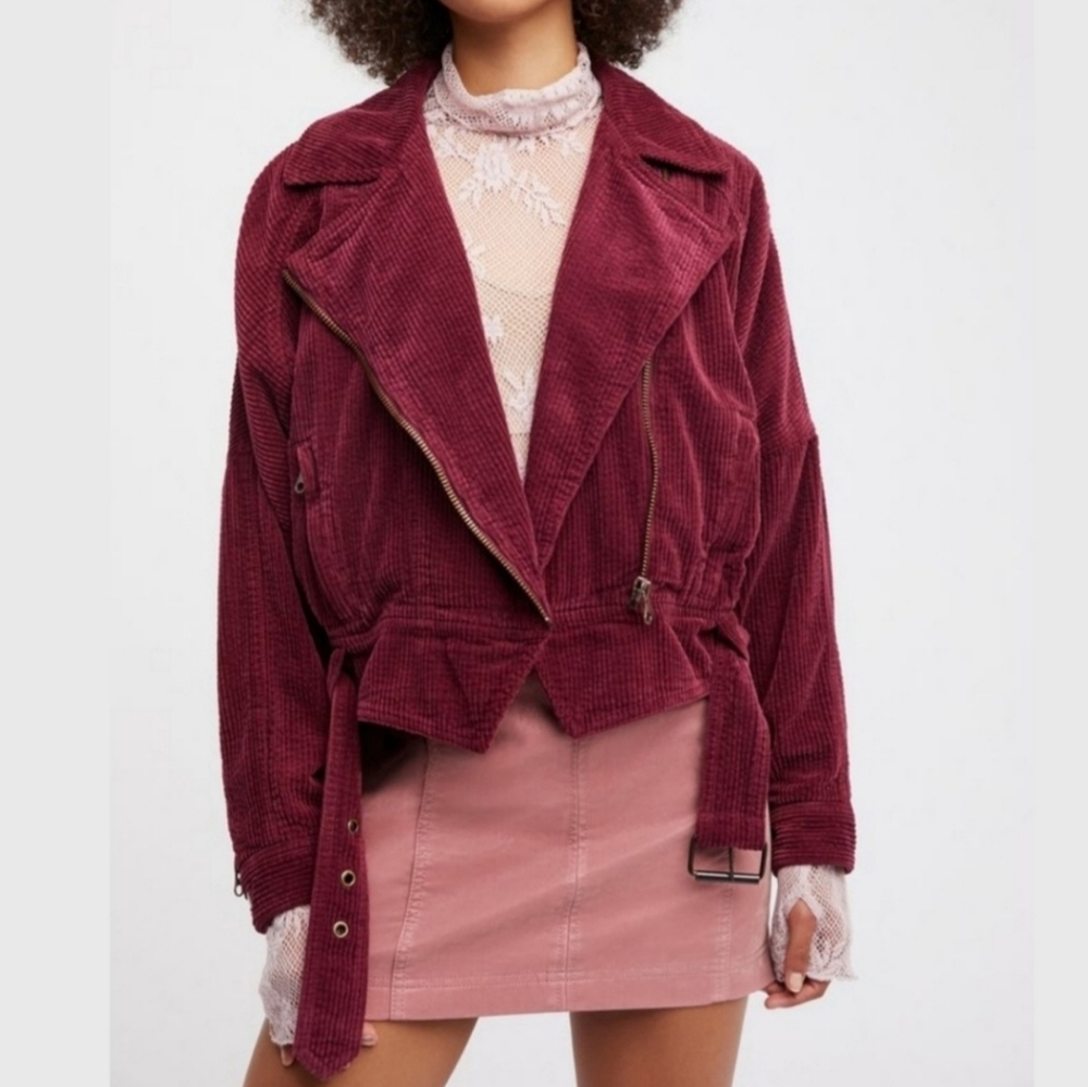 Free People Maroon Red Corduroy Slouchy Dolman Moto Jacket